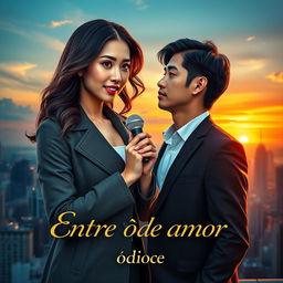 A stunning K-drama book cover titled 'Entre ódio e amor' featuring a strong-willed female reporter and a charismatic CEO