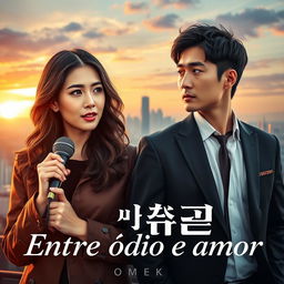 A stunning K-drama book cover titled 'Entre ódio e amor' featuring a strong-willed female reporter and a charismatic CEO