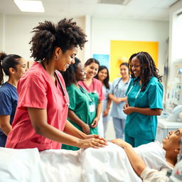 A dynamic scene in a hospital setting, showcasing a team of diverse nurses engaging in patient care