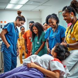 A dynamic scene in a hospital setting, showcasing a team of diverse nurses engaging in patient care