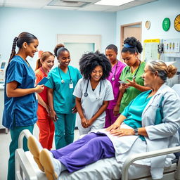 A dynamic scene in a hospital setting, showcasing a team of diverse nurses engaging in patient care