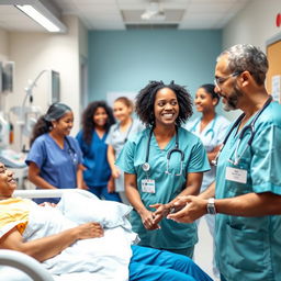 A dynamic scene in a hospital setting, showcasing a team of diverse nurses engaging in patient care