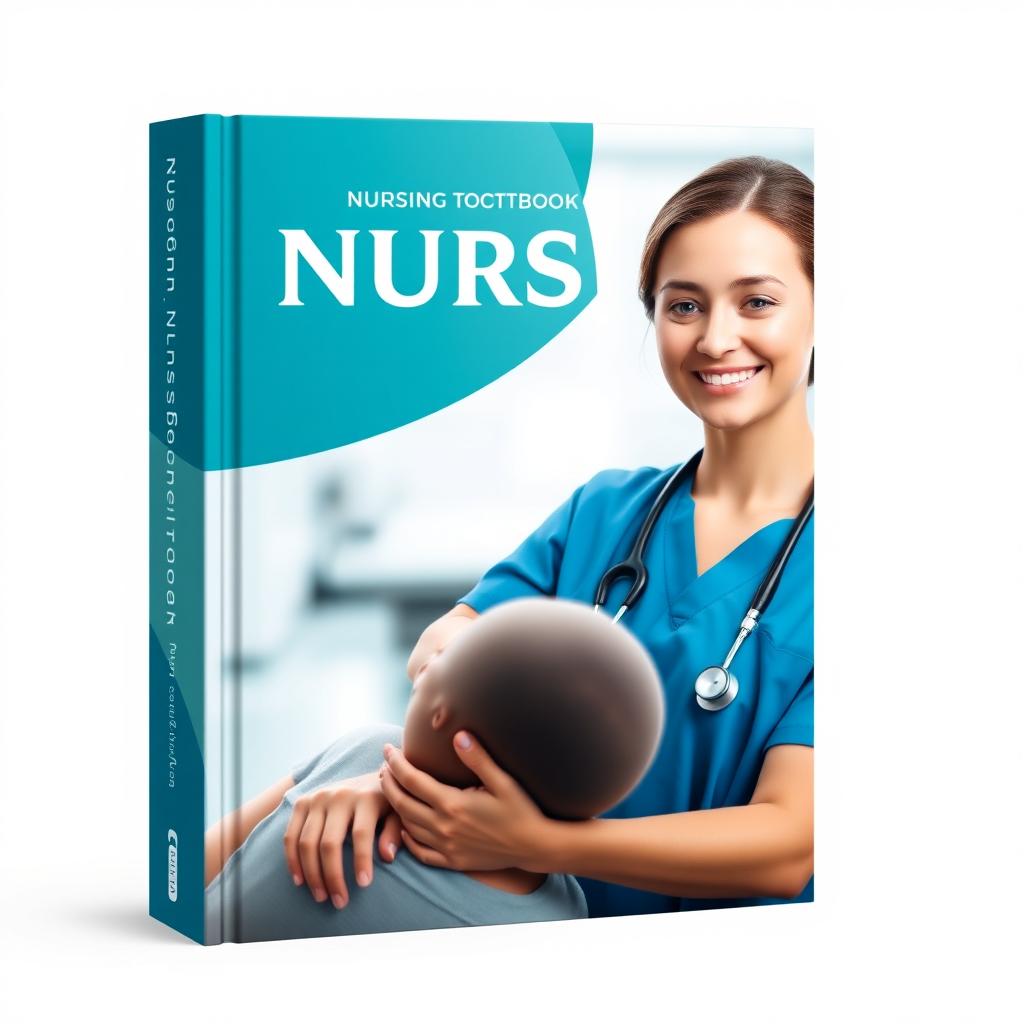 A book cover design for a nursing textbook, featuring a soothing and professional color palette of blues and greens