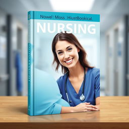 A book cover design for a nursing textbook, featuring a soothing and professional color palette of blues and greens