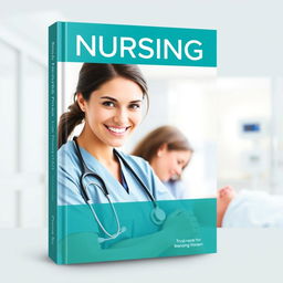 A book cover design for a nursing textbook, featuring a soothing and professional color palette of blues and greens