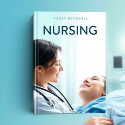 A book cover design for a nursing textbook, featuring a soothing and professional color palette of blues and greens