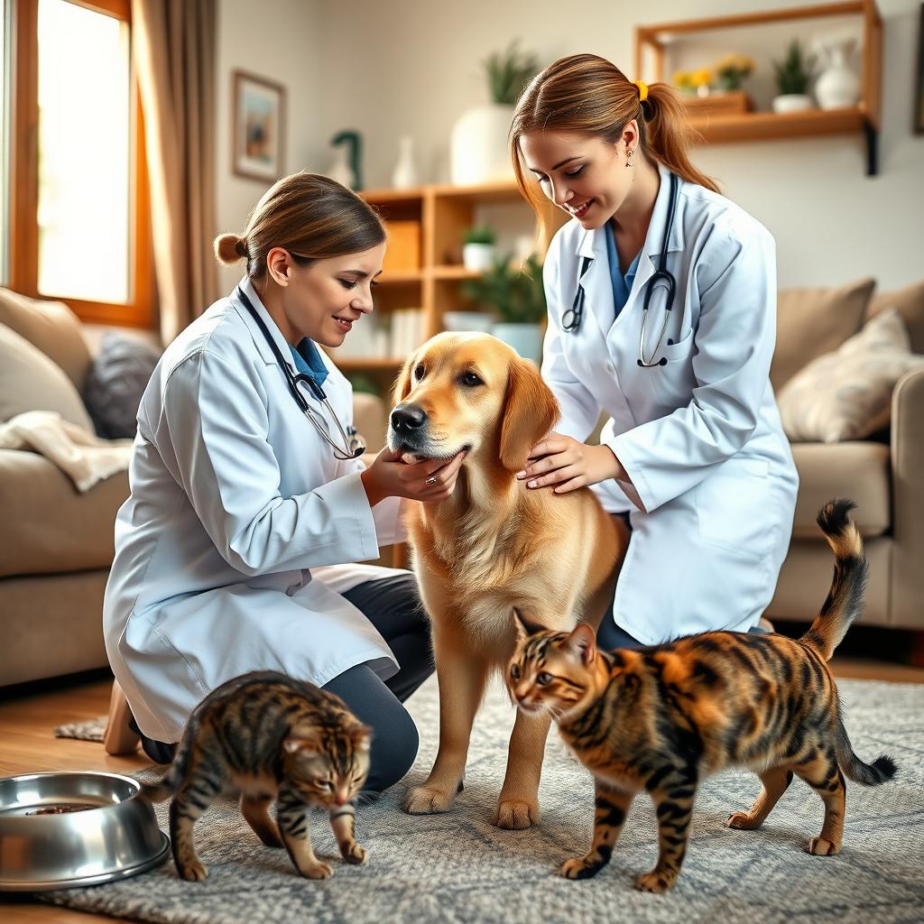 A warm and professional veterinary consultation scene at home, featuring a caring veterinarian interacting with a friendly golden retriever and a curious tabby cat