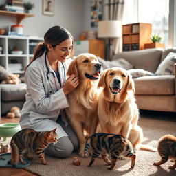 A warm and professional veterinary consultation scene at home, featuring a caring veterinarian interacting with a friendly golden retriever and a curious tabby cat