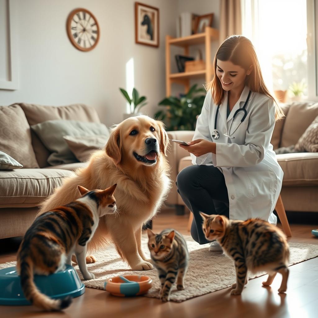 A warm and professional veterinary consultation scene at home, featuring a caring veterinarian interacting with a friendly golden retriever and a curious tabby cat