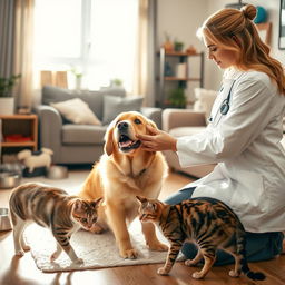 A warm and professional veterinary consultation scene at home, featuring a caring veterinarian interacting with a friendly golden retriever and a curious tabby cat