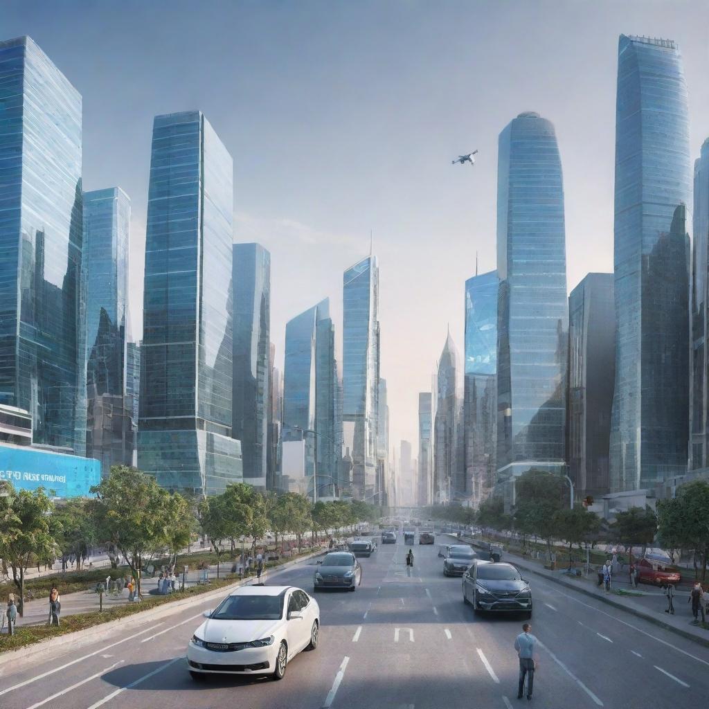 A cityscape in the year 2030, demonstrating advanced technology, self-driving cars, smart buildings, and people using wearable tech and AI assistance for their daily activities