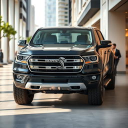 A refined truck named 'Serpens', inspired by models such as Amarok, Hilux, Dodge Ram, and S10, designed for a peaceful urban backdrop ideal for an online store display