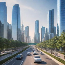 A cityscape in the year 2030, demonstrating advanced technology, self-driving cars, smart buildings, and people using wearable tech and AI assistance for their daily activities