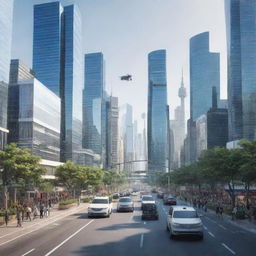 A cityscape in the year 2030, demonstrating advanced technology, self-driving cars, smart buildings, and people using wearable tech and AI assistance for their daily activities