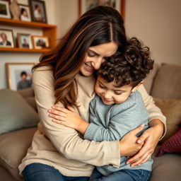 A warm and intimate scene of a mother and son sharing a tender moment, conveying deep affection