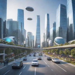 A cityscape in the year 2030, demonstrating advanced technology, self-driving cars, smart buildings, and people using wearable tech and AI assistance for their daily activities