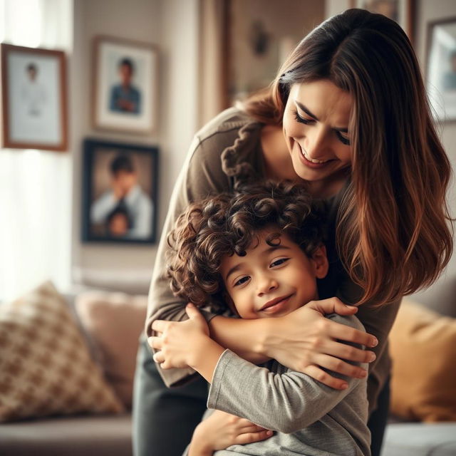 A warm and intimate scene of a mother and son sharing a tender moment, conveying deep affection