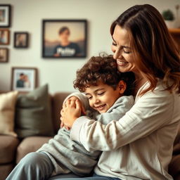 A warm and intimate scene of a mother and son sharing a tender moment, conveying deep affection