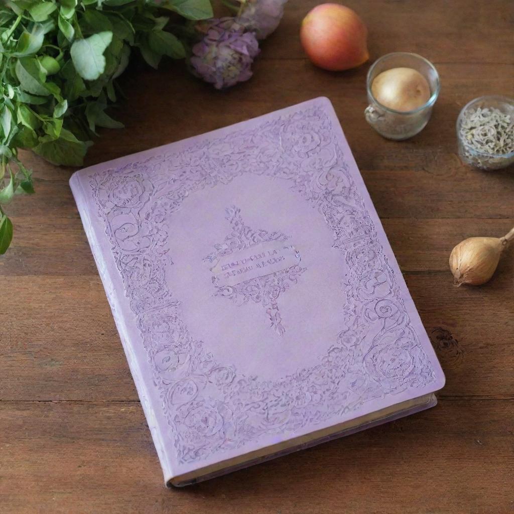 A light purple recipe book with an intricate, vintage design, placed on a wooden kitchen surface.