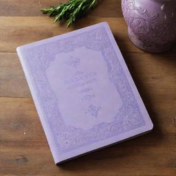 A light purple recipe book with an intricate, vintage design, placed on a wooden kitchen surface.