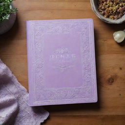 A light purple recipe book with an intricate, vintage design, placed on a wooden kitchen surface.