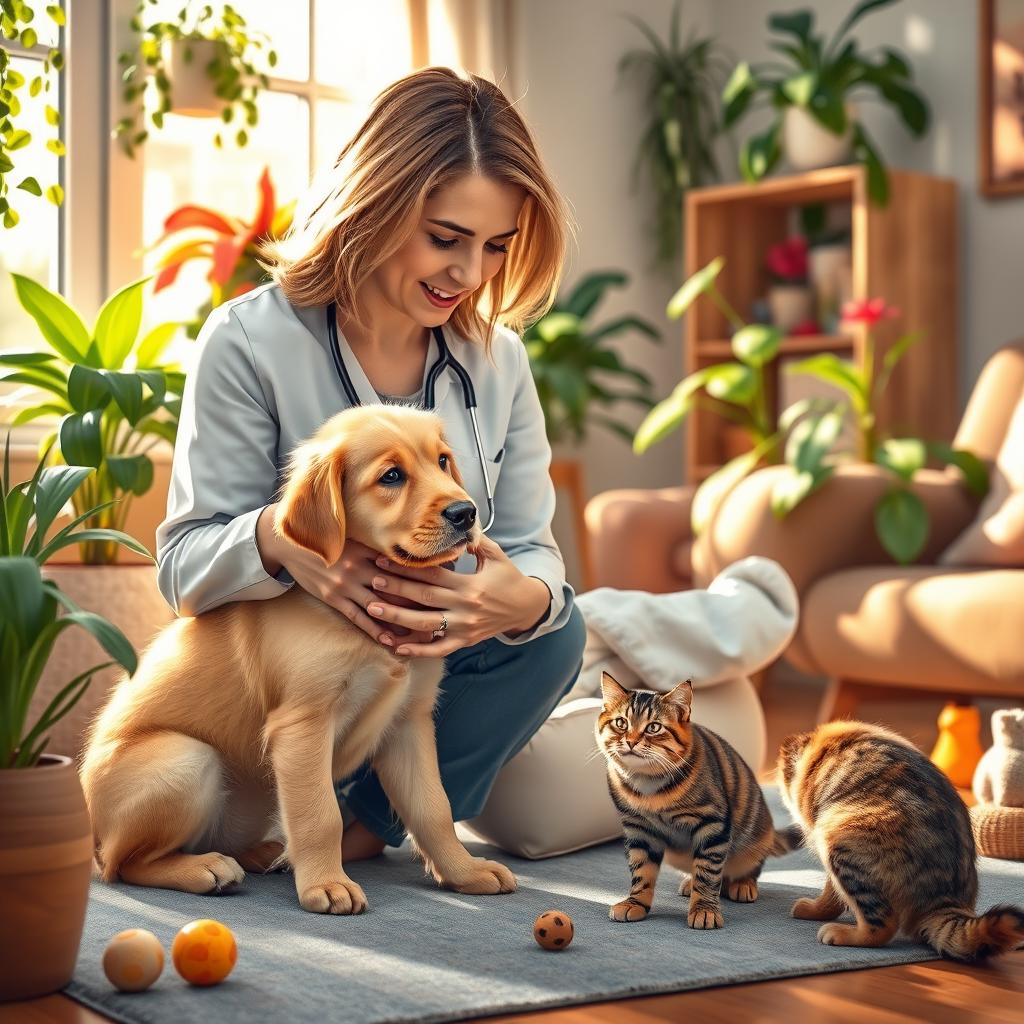 A vibrant and inviting veterinary scene depicting a veterinarian attending to a dog and a cat in a cozy home environment