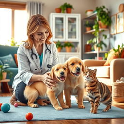 A vibrant and inviting veterinary scene depicting a veterinarian attending to a dog and a cat in a cozy home environment