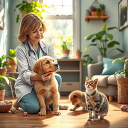 A vibrant and inviting veterinary scene depicting a veterinarian attending to a dog and a cat in a cozy home environment