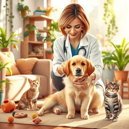 A vibrant and inviting veterinary scene depicting a veterinarian attending to a dog and a cat in a cozy home environment