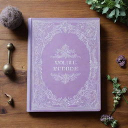 A light purple recipe book with an intricate, vintage design, placed on a wooden kitchen surface.