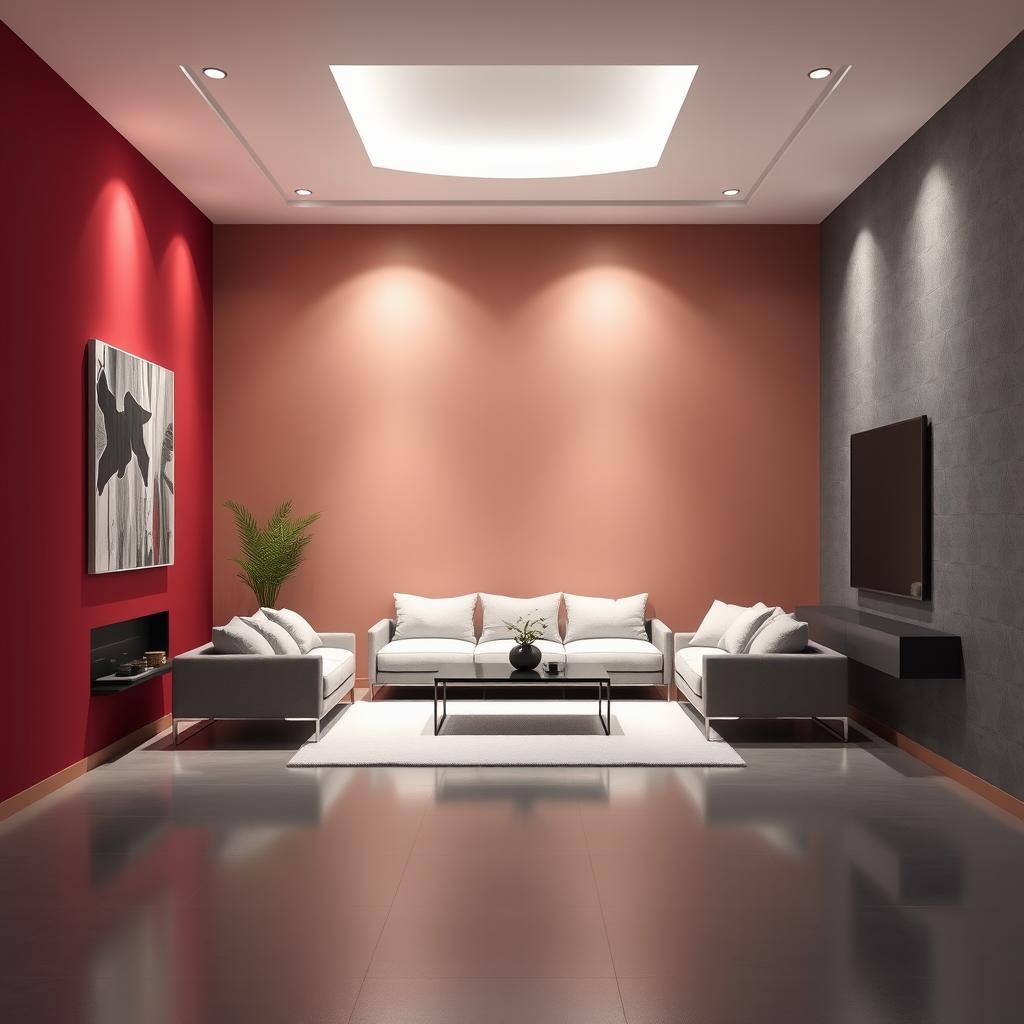 A 3D rendering of a rectangular room featuring one wall painted in deep wine red (vinotinto) and another wall in wolf gray (gris lobo)