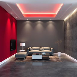 A 3D rendering of a rectangular room featuring one wall painted in deep wine red (vinotinto) and another wall in wolf gray (gris lobo)