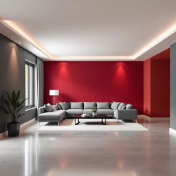 A 3D rendering of a rectangular room featuring one wall painted in deep wine red (vinotinto) and another wall in wolf gray (gris lobo)