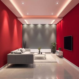 A 3D rendering of a rectangular room featuring one wall painted in deep wine red (vinotinto) and another wall in wolf gray (gris lobo)