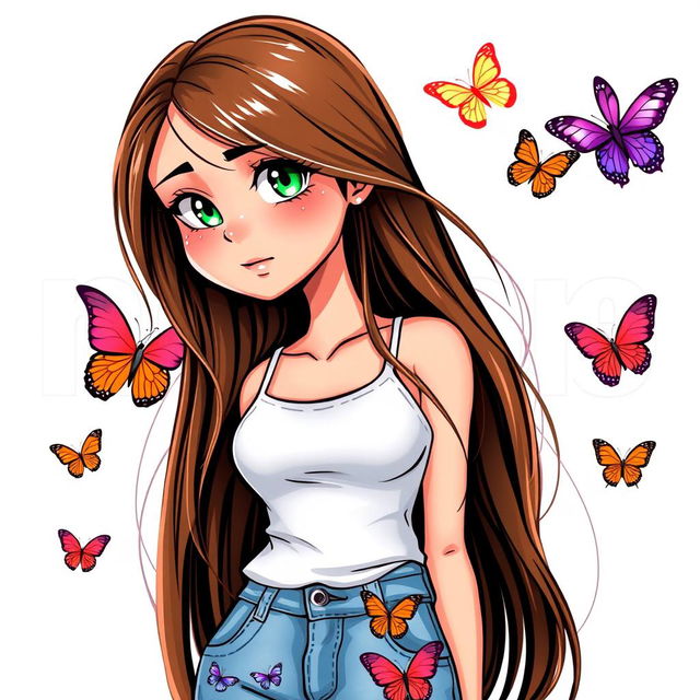 A colorful cartoon depiction of a young pretty woman, portraying a high school junior with long, flowing brown hair that has a subtle money piece hint of blonde