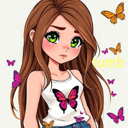 A colorful cartoon depiction of a young pretty woman, portraying a high school junior with long, flowing brown hair that has a subtle money piece hint of blonde