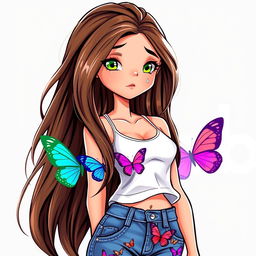 A colorful cartoon depiction of a young pretty woman, portraying a high school junior with long, flowing brown hair that has a subtle money piece hint of blonde