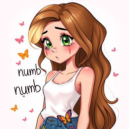 A vibrant cartoon depiction of a young pretty woman, representing a high school junior with long, wavy brown hair that features a money piece of blonde near her face