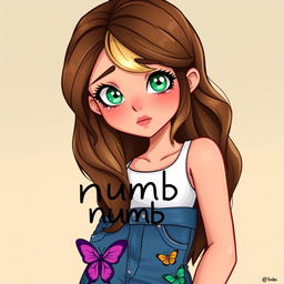 A vibrant cartoon depiction of a young pretty woman, representing a high school junior with long, wavy brown hair that features a money piece of blonde near her face