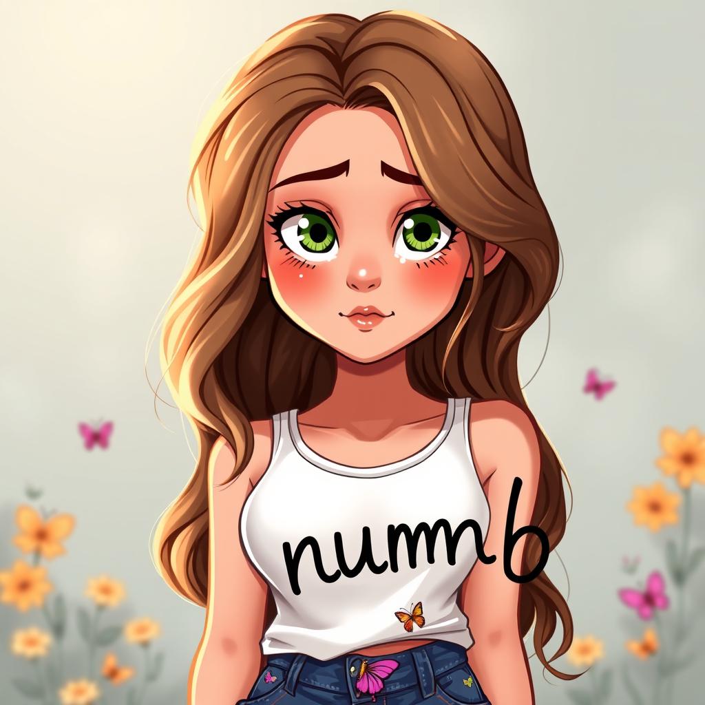 A vibrant cartoon depiction of a young pretty woman, representing a high school junior with long, wavy brown hair that features a money piece of blonde near her face