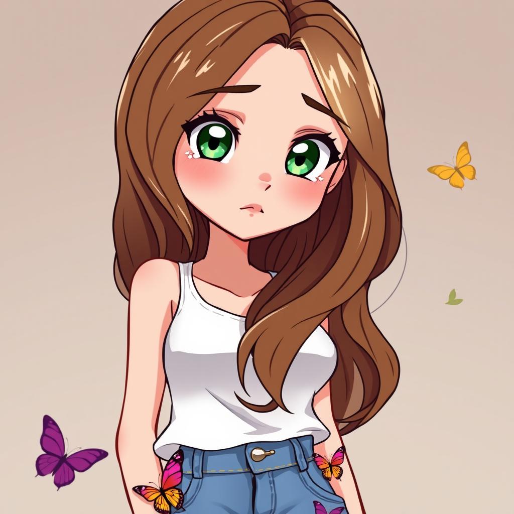 A charming cartoon depiction of a young pretty woman, illustrating a high school junior with long, wavy brown hair featuring a money piece hint of blonde near her face