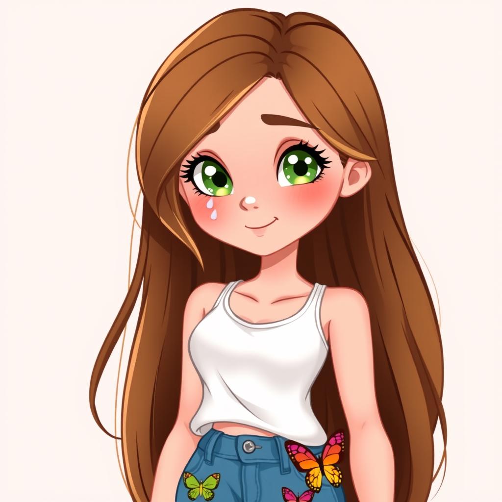 A delightful cartoon depiction of a young pretty woman, illustrating a high school junior with long, flowing brown hair featuring a money piece hint of blonde framing her face