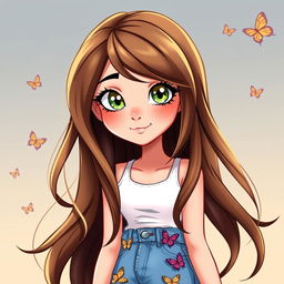 A delightful cartoon depiction of a young pretty woman, illustrating a high school junior with long, flowing brown hair featuring a money piece hint of blonde framing her face