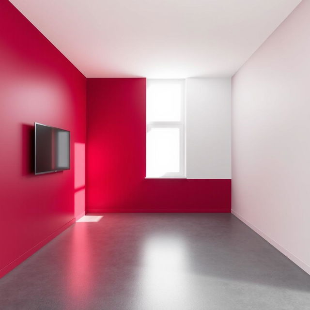 A 3D rendering of a rectangular room featuring a rich, wine-red wall that includes a television mounted on it