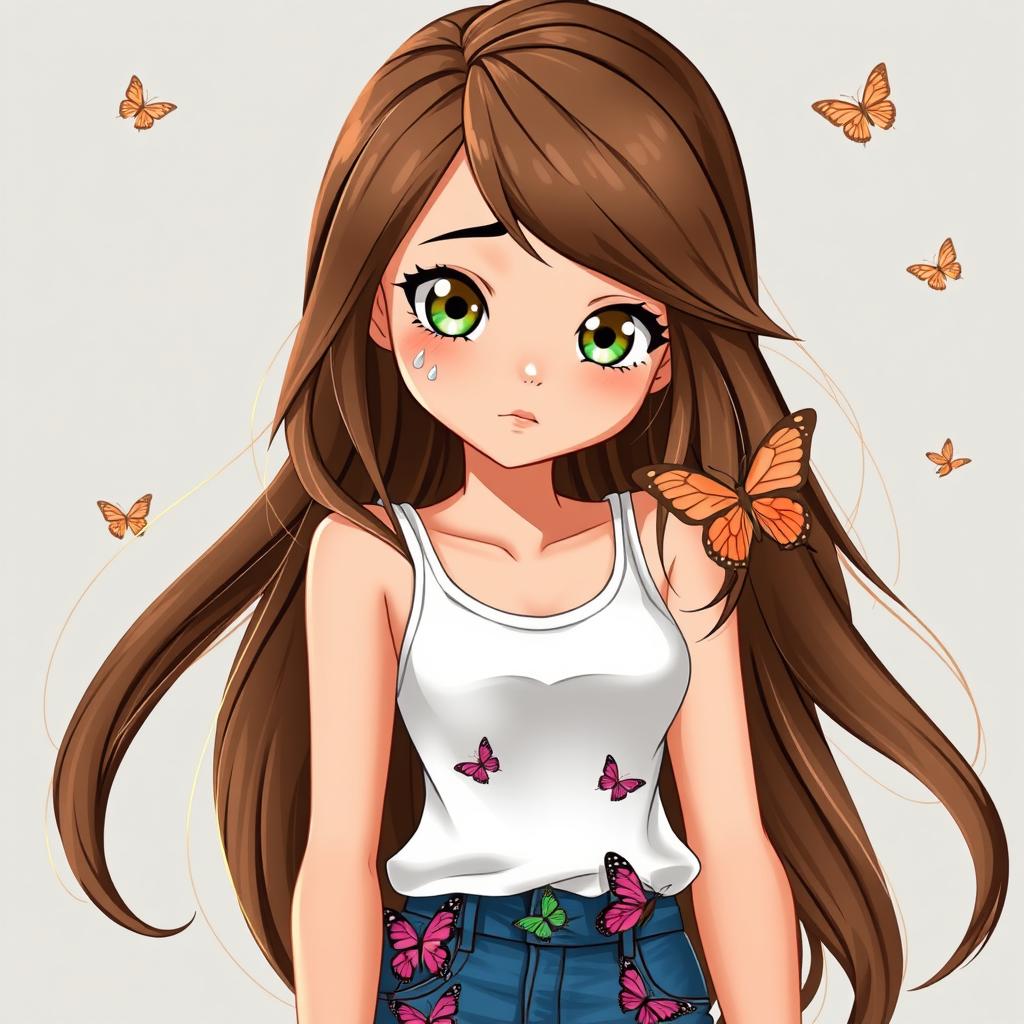 A captivating cartoon depiction of a young pretty woman, showcasing a high school junior with long, flowing brown hair accented by a money piece hint of blonde near her face