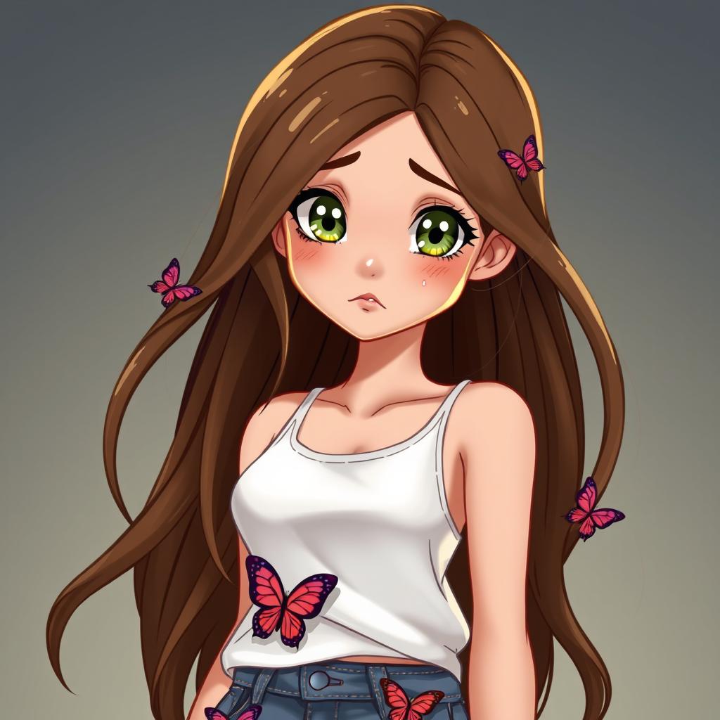 A captivating cartoon depiction of a young pretty woman, showcasing a high school junior with long, flowing brown hair accented by a money piece hint of blonde near her face