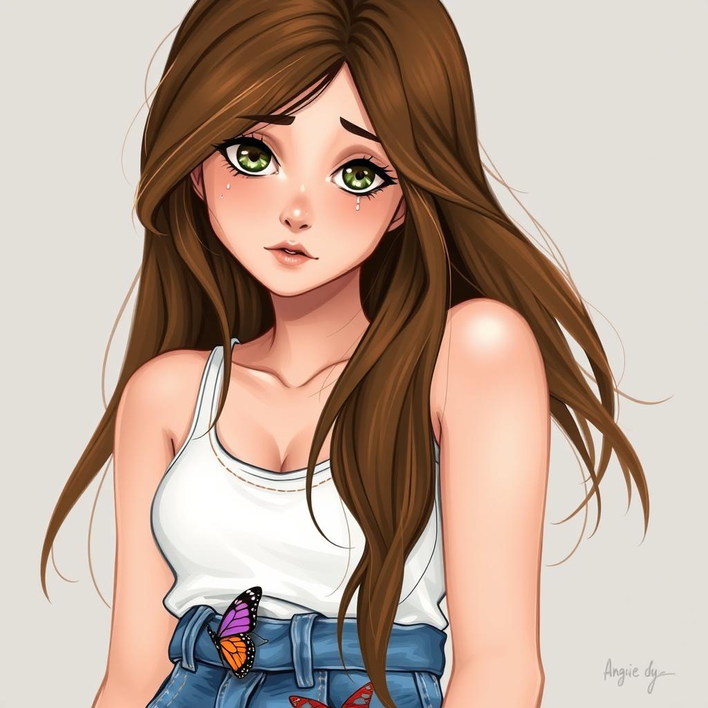 A heartfelt drawing of a young pretty woman, showcasing a high school junior with long, flowing brown hair accented by a money piece hint of blonde near her face