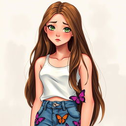 A heartfelt drawing of a young pretty woman, showcasing a high school junior with long, flowing brown hair accented by a money piece hint of blonde near her face