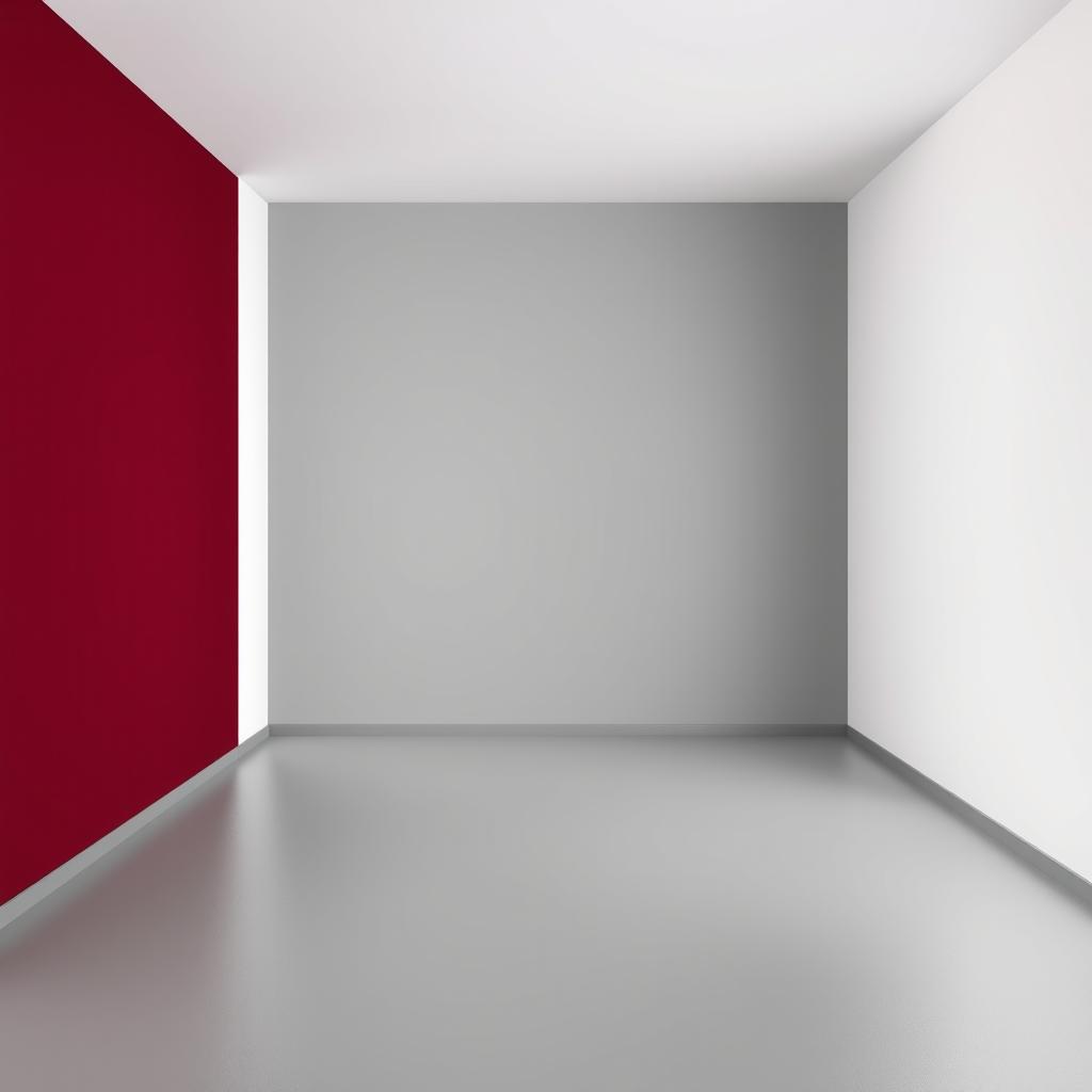 A 3D visualization of a rectangular room showcasing a color scheme of deep burgundy (vinotinto) for one wall, a wolf gray (gris lobo) wall adjacent to it, and a white wall directly opposite