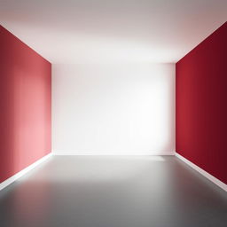 A 3D visualization of a rectangular room showcasing a color scheme of deep burgundy (vinotinto) for one wall, a wolf gray (gris lobo) wall adjacent to it, and a white wall directly opposite